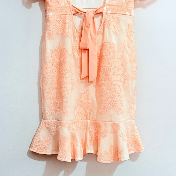 Cream & Pink Lace Dress w Flutter Sleeve & Ruffle Trim Open Back w Pink Tie Bow - Picture 14 of 16